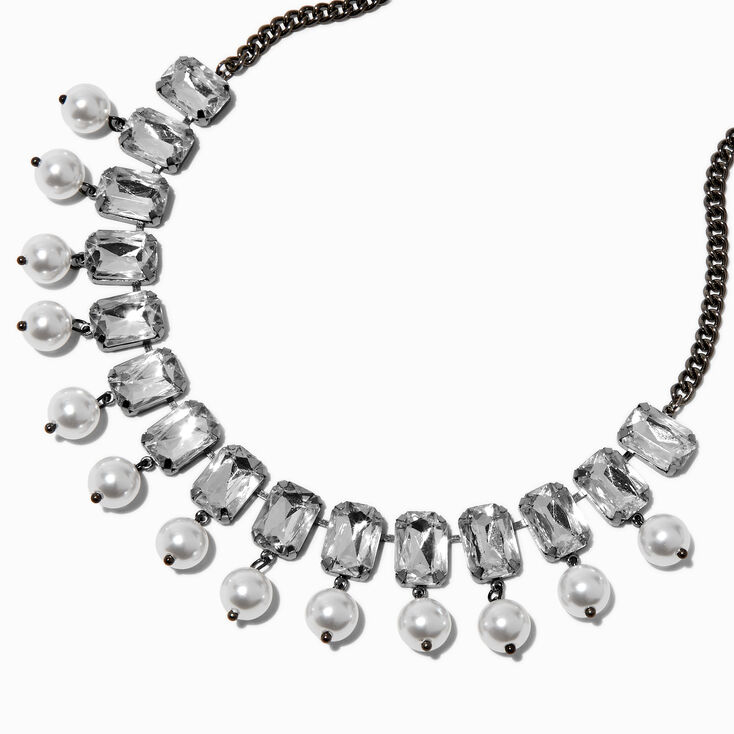 Hematite Large Rhinestone &amp; Pearl Choker Necklace,
