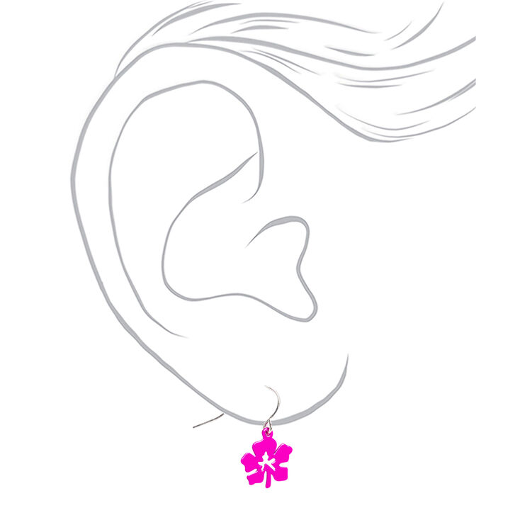 Silver 0.5&quot; Hibiscus Flower Drop Earrings - Pink,