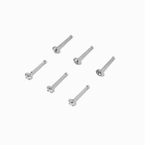 20G Silver-tone Stainless Steel Cubic Zirconia Nose Studs - 6 Pack,