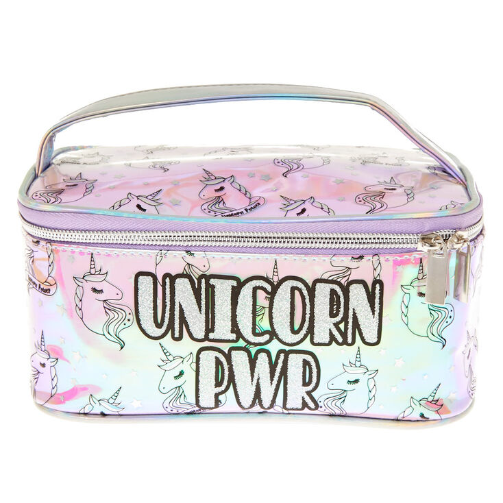 Unicorn Pwr Holographic Cosmetics Bag With Handle Claire S Us