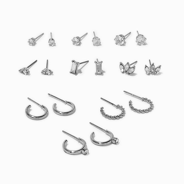 Lot de boucles d&#39;oreilles vari&eacute;es extravagantes en zircon cubique couleur argent&eacute;e - Lot de 9,