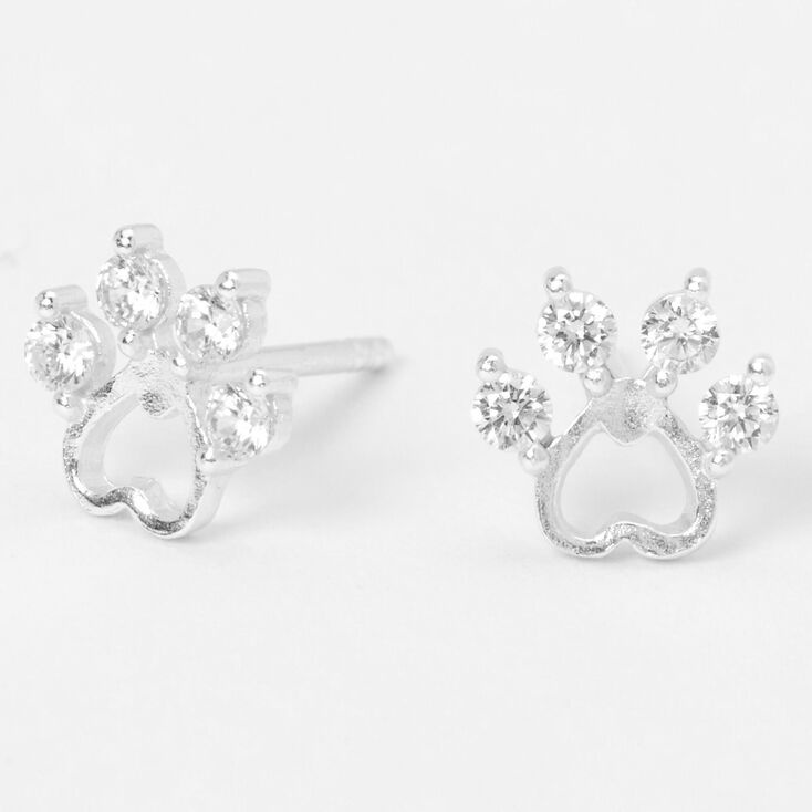 Sterling Silver Cubic Zirconia Paw Print Stud Earrings,
