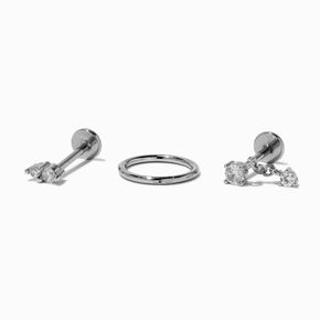 Silver-tone Stainless Steel Crystal 18G Stud &amp; Hoops Threadless Cartilage Earrings - 3 Pack,