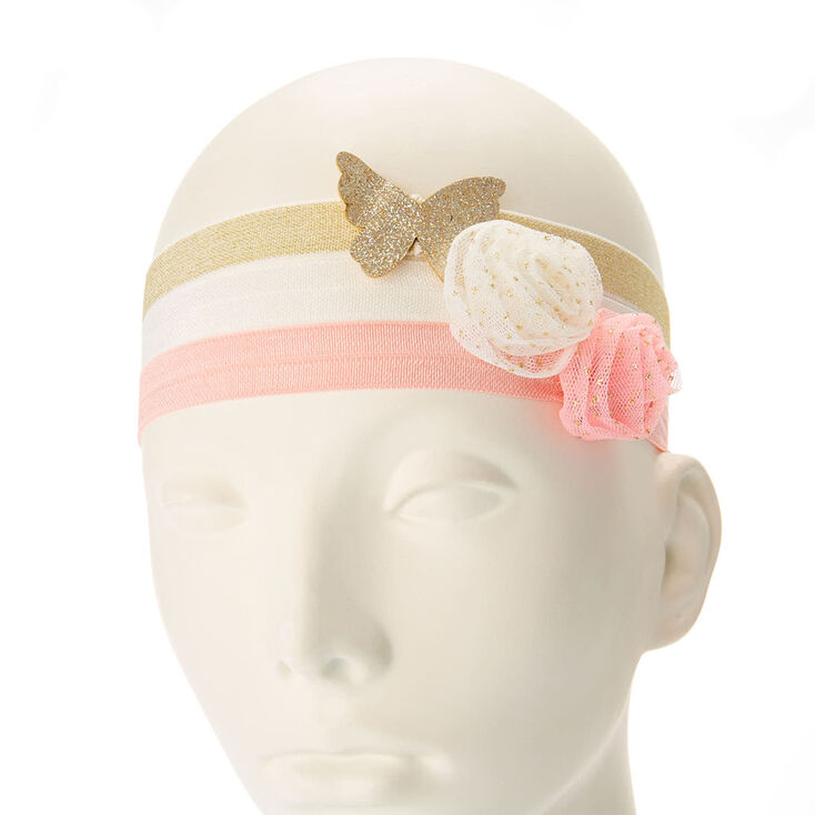 Bandeaux &agrave; fleurs avec paillettes roses, couleur dor&eacute;s et blancs pour enfant,