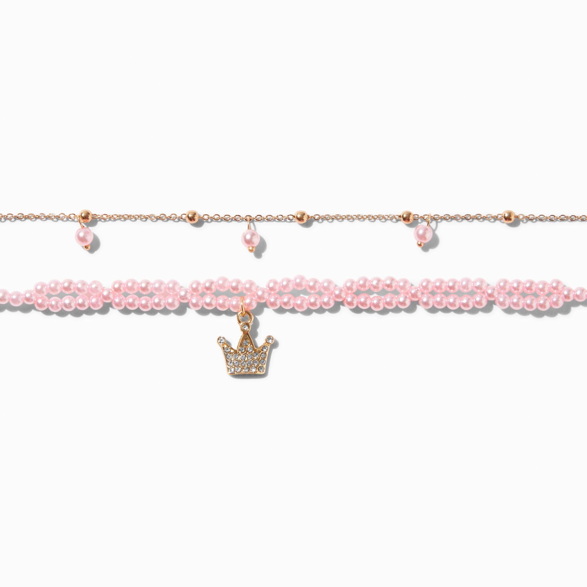 View Claires Pearl Crown Charm Choker Necklaces 2 Pack Pink information