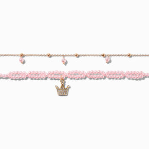 Pink Pearl Crown Charm Choker Necklaces - 2 Pack,