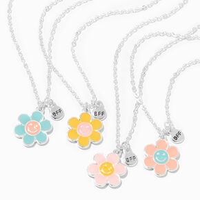 Colliers &agrave; pendentif marguerite souriante best friends couleur argent&eacute;e - Lot de 4,