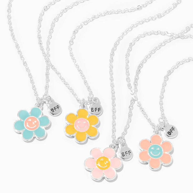 Silver Best Friends Happy Daisy Pendant Necklaces - 4 Pack,