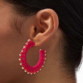 Hot Pink &amp; Gold-tone Beaded Hoop Earrings,