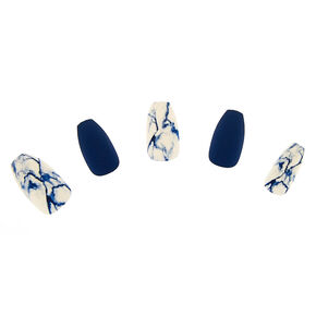 Marble Matte Coffin Faux Nail Set - Navy, 24 Pack,
