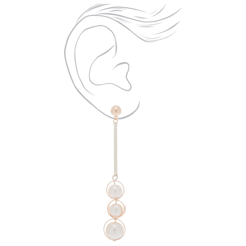 Rose Gold 2.5" Triple Pearl Drop Earrings,