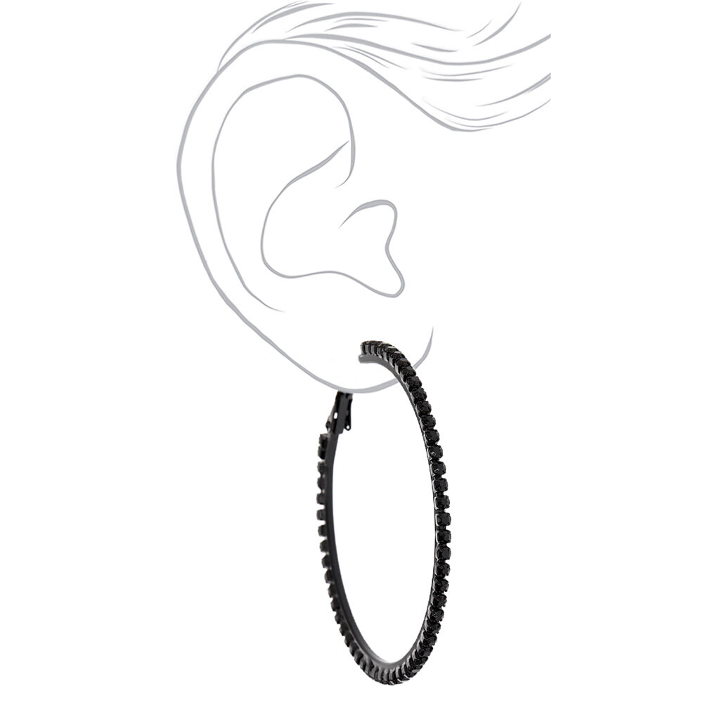 Black Glass Rhinestone Hoop Earrings,