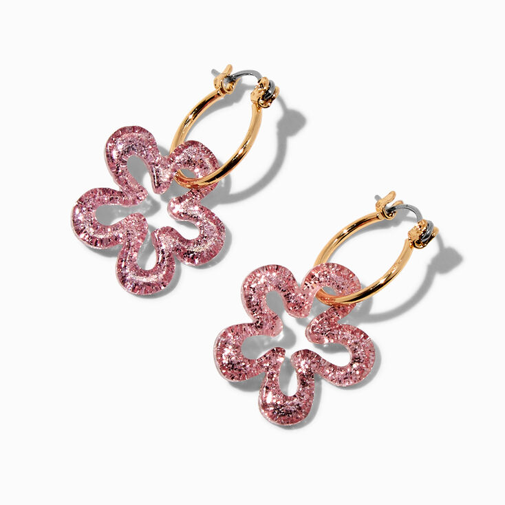 Pink Glitter Acrylic Flower Hoop Earrings,