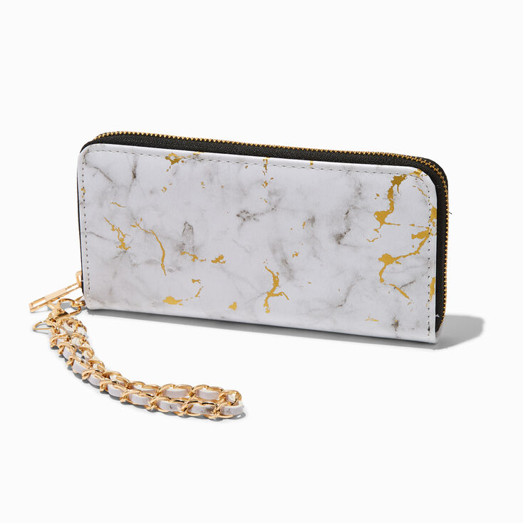 Porte-monnaie pochette poignet blanche effet marbr&eacute; couleur dor&eacute;e,