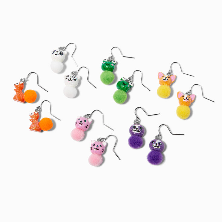 Pom Pom Animal 0.5&quot; Drop Earrings - 6 Pack,