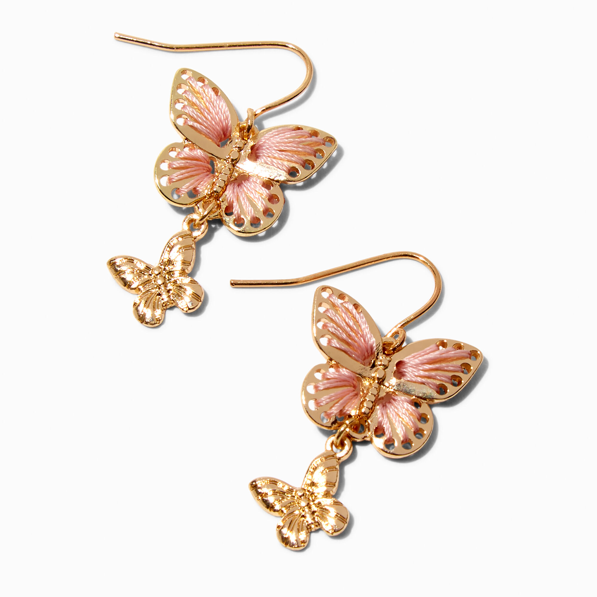 View Claires Thread Butterfly Double 1 Drop Earrings Pink information