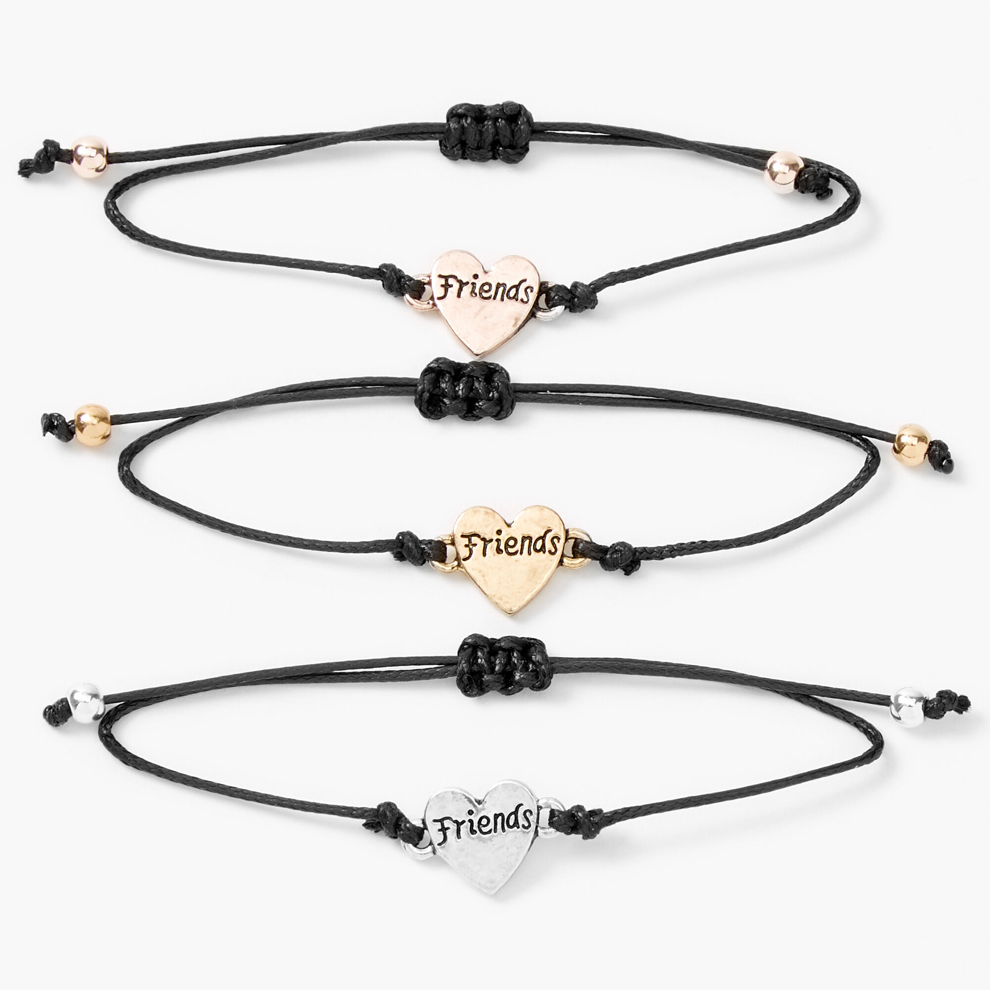 Mixed Metal Heart Charm Adjustable Friendship Bracelets 3 Pack