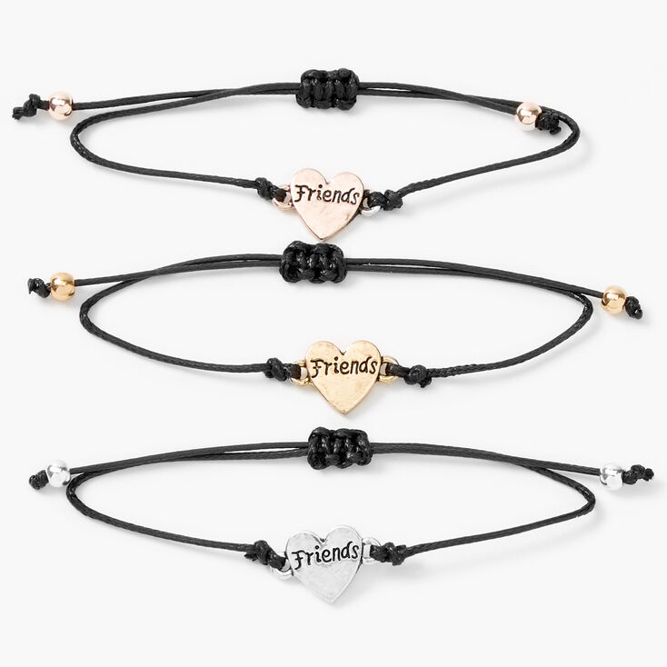 Mixed Metal Heart Charm Adjustable Friendship Bracelets - 3 Pack