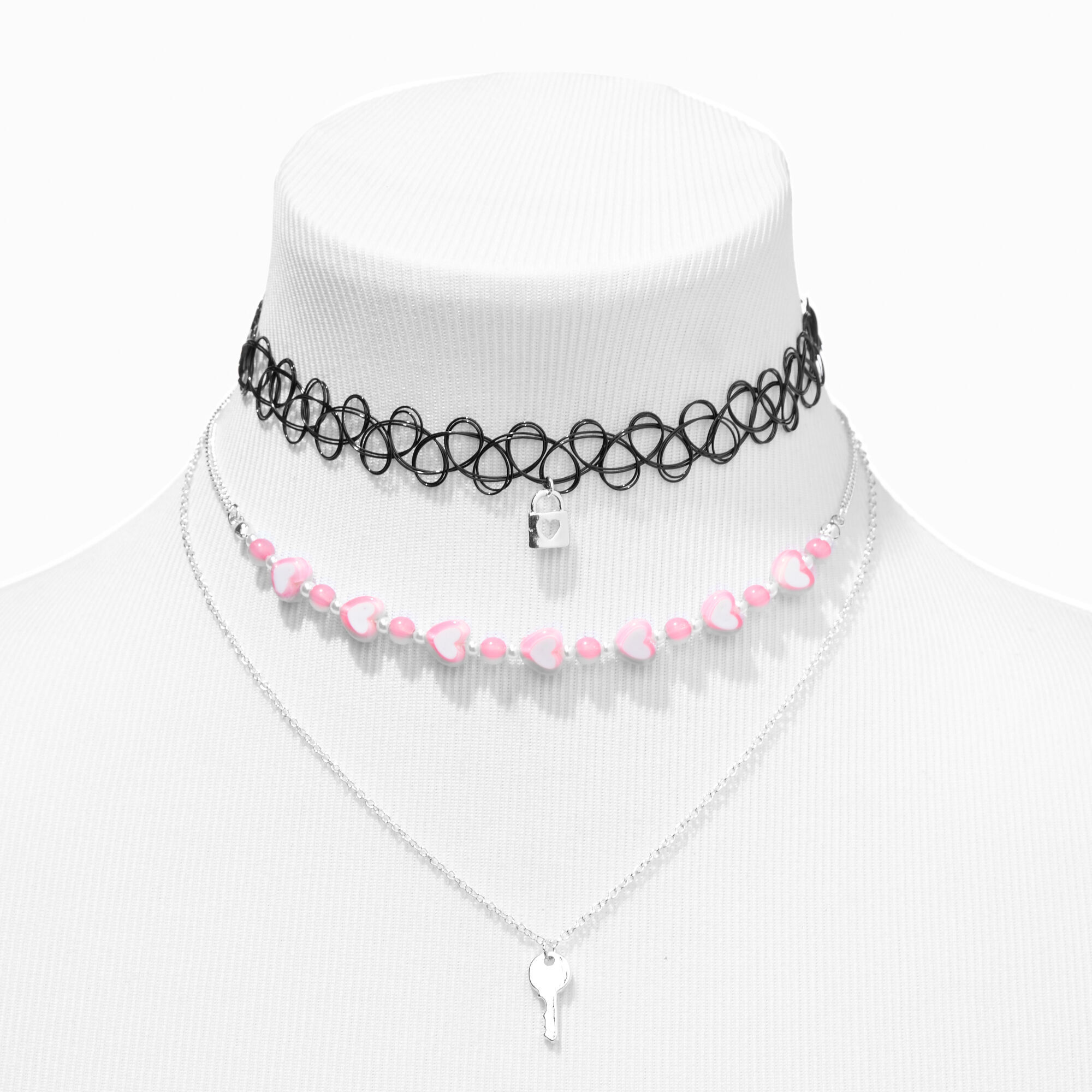 Silver Key Lock Pink Heart Chain Black Tattoo Multi Strand Choker Necklace