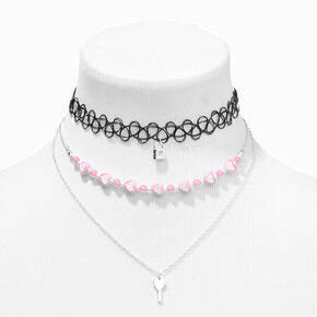 Silver Key &amp; Lock Pink Heart Chain Black Tattoo Multi-Strand Choker Necklace,