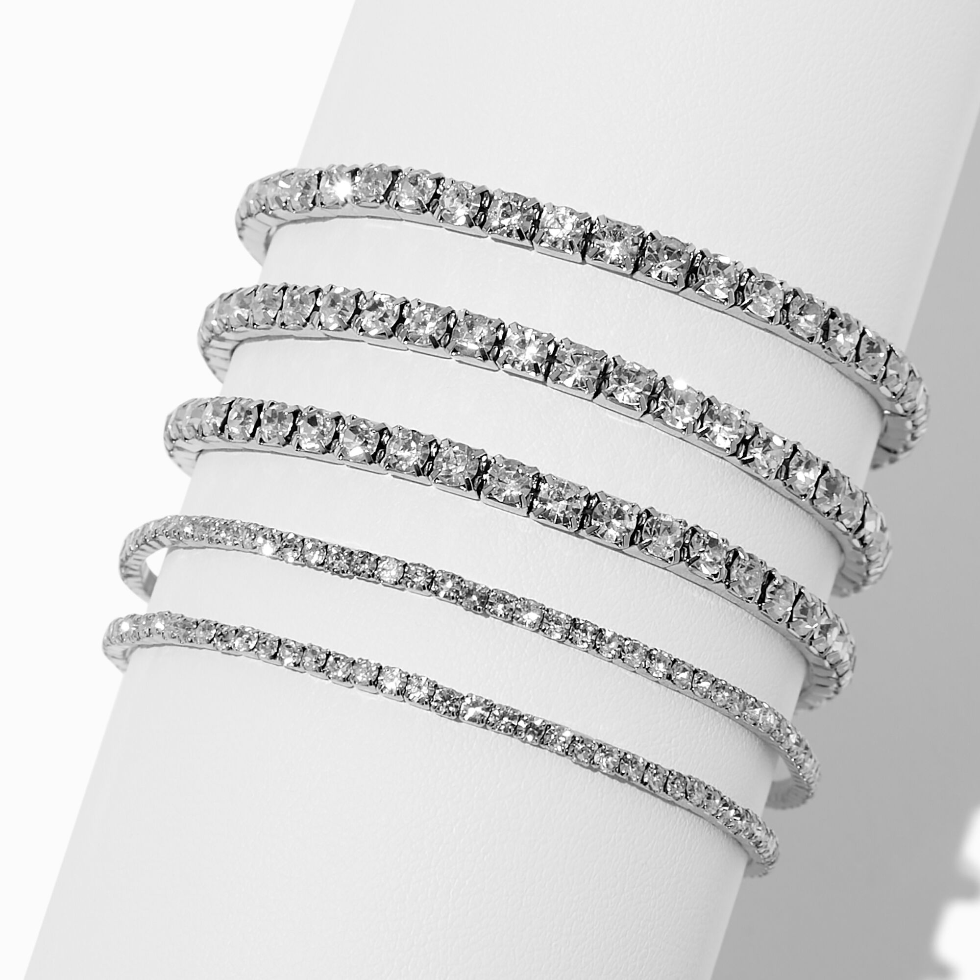 Silver-tone Rhinestone Stretch Bracelets - 5 Pack,