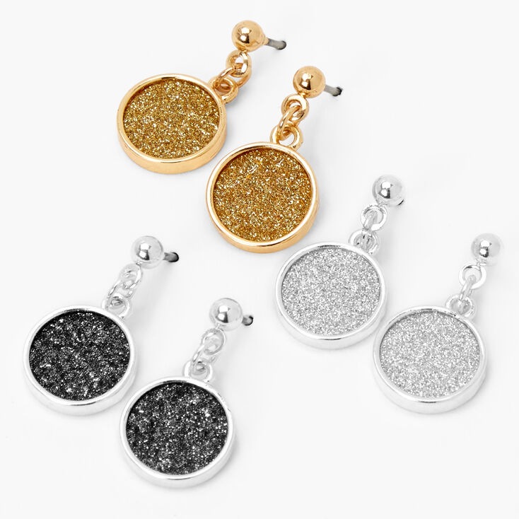 Mixed Metal 0.5&quot; Glitter Disc Drop Earrings - 3 Pack,