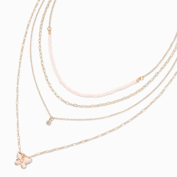 Pink Butterfly Seed Bead Gold-tone Multi Strand Silver Chain Necklace,