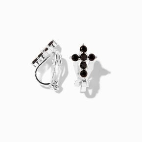 Silver-tone Black Cubic Zirconia Cross Clip-On Earrings,