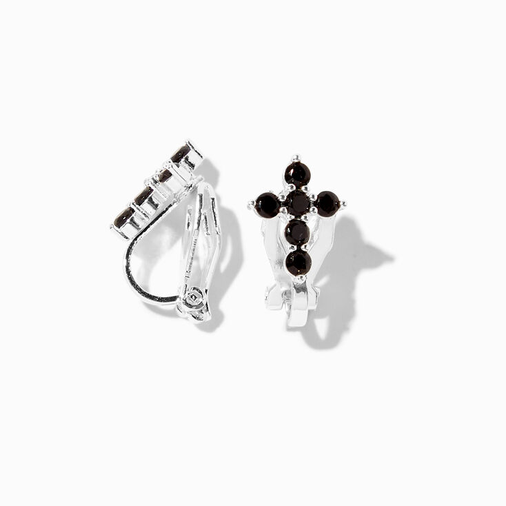 Black Cubic Zirconia Cross Silver Clip-On Earrings,