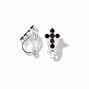 Silver-tone Black Cubic Zirconia Cross Clip-On Earrings,