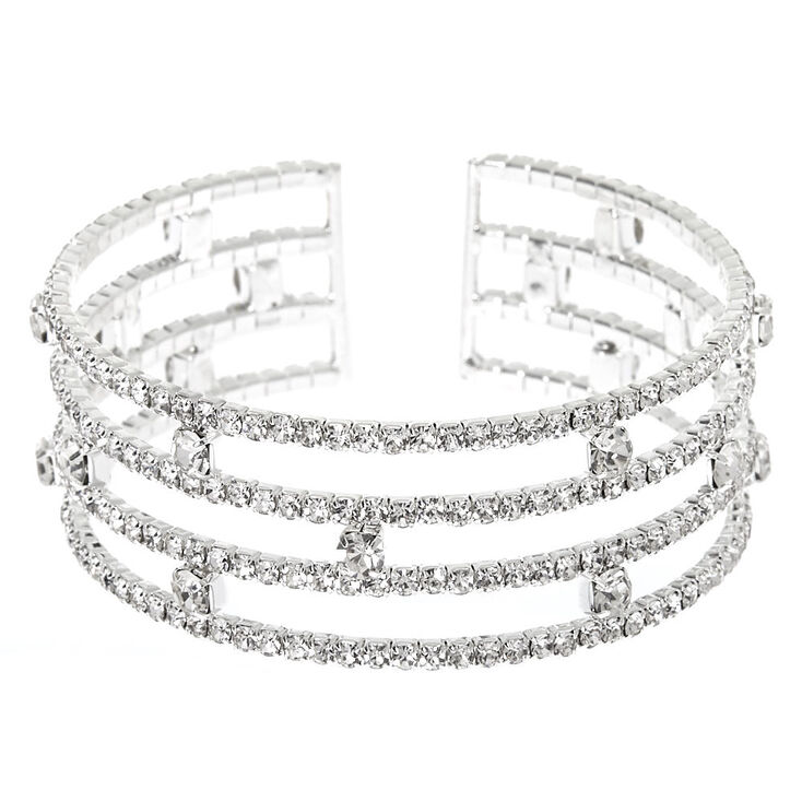 Silver Rhinestone Stacked Cuff Bracelet,