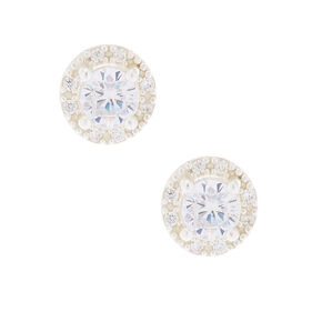 Sterling Silver Rose Gold Earrings Claire S Us Sterling Silver Cubic Zirconia 5mm Halo Stud Earrings