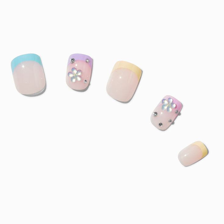 Multicoloured French Tip Bling Short Square Vegan Faux Nail Set - 24 Pack,