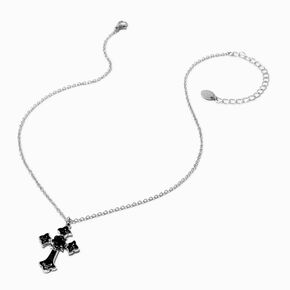 Black Rose Cross Silver-tone Pendant Necklace ,