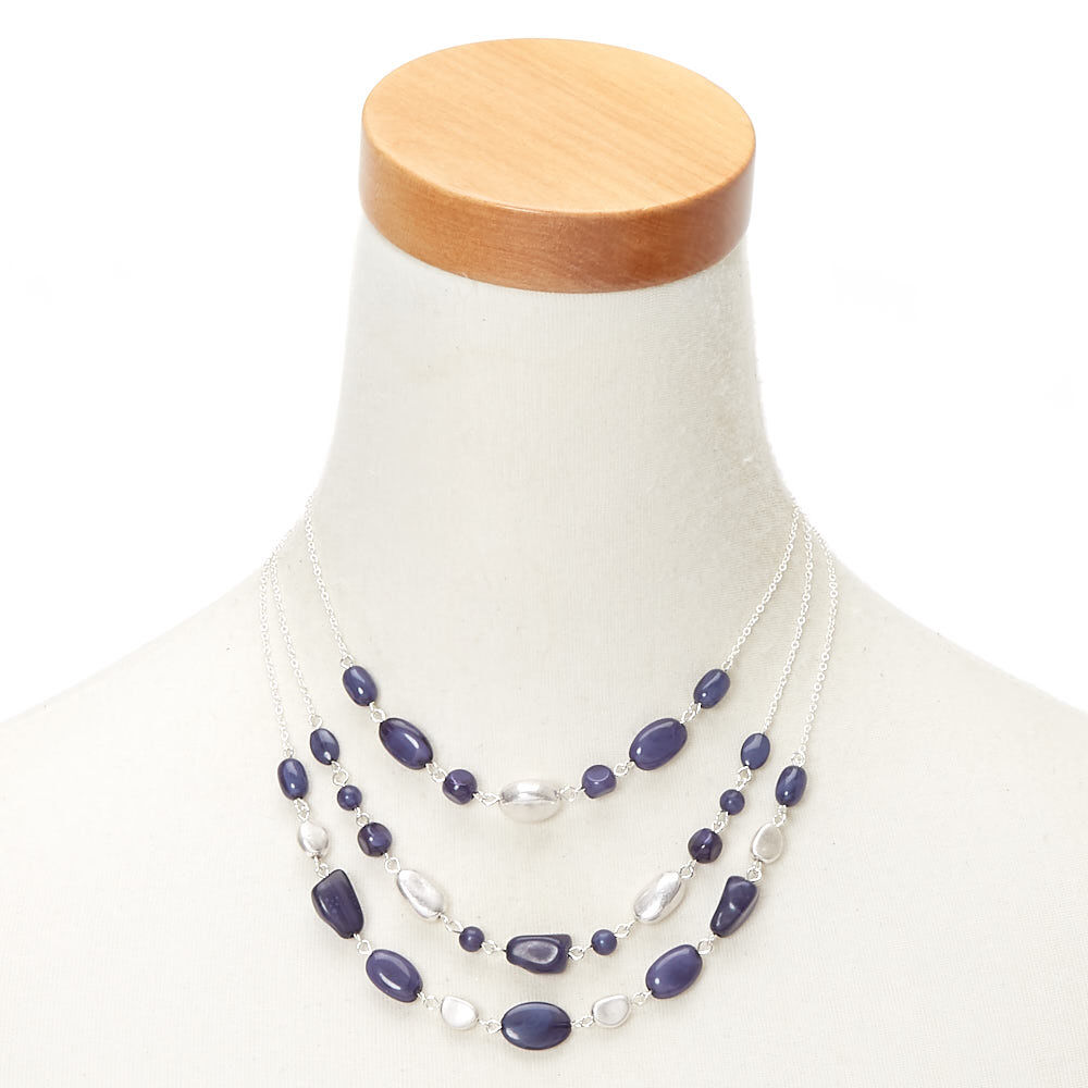 Silver Stone Bead Multi Strand Necklace - Blue,