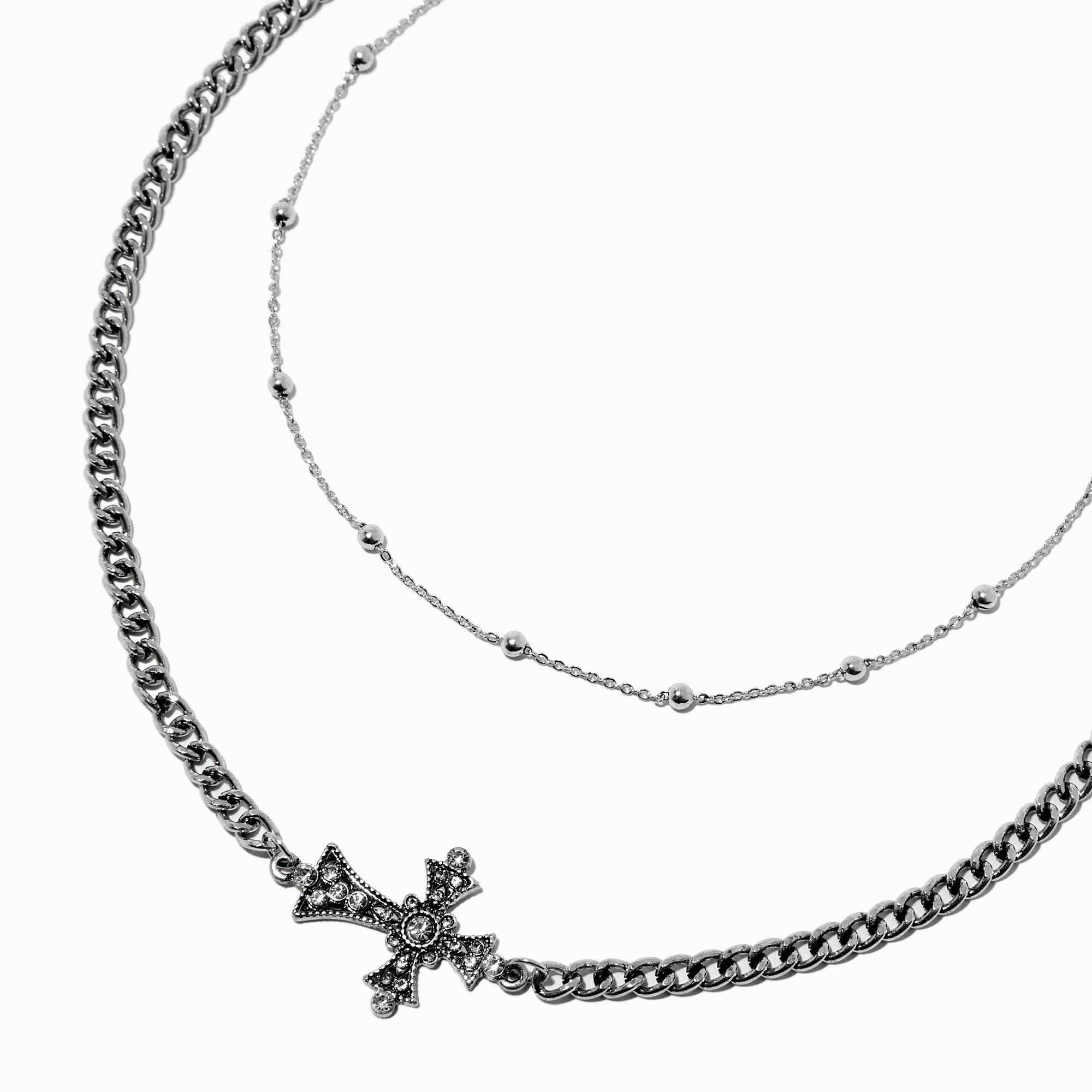 Silver-tone Sideways Cross Multi-Strand Necklace,