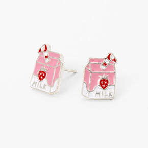 Silver Strawberry Milk Carton Stud Earrings - Pink,