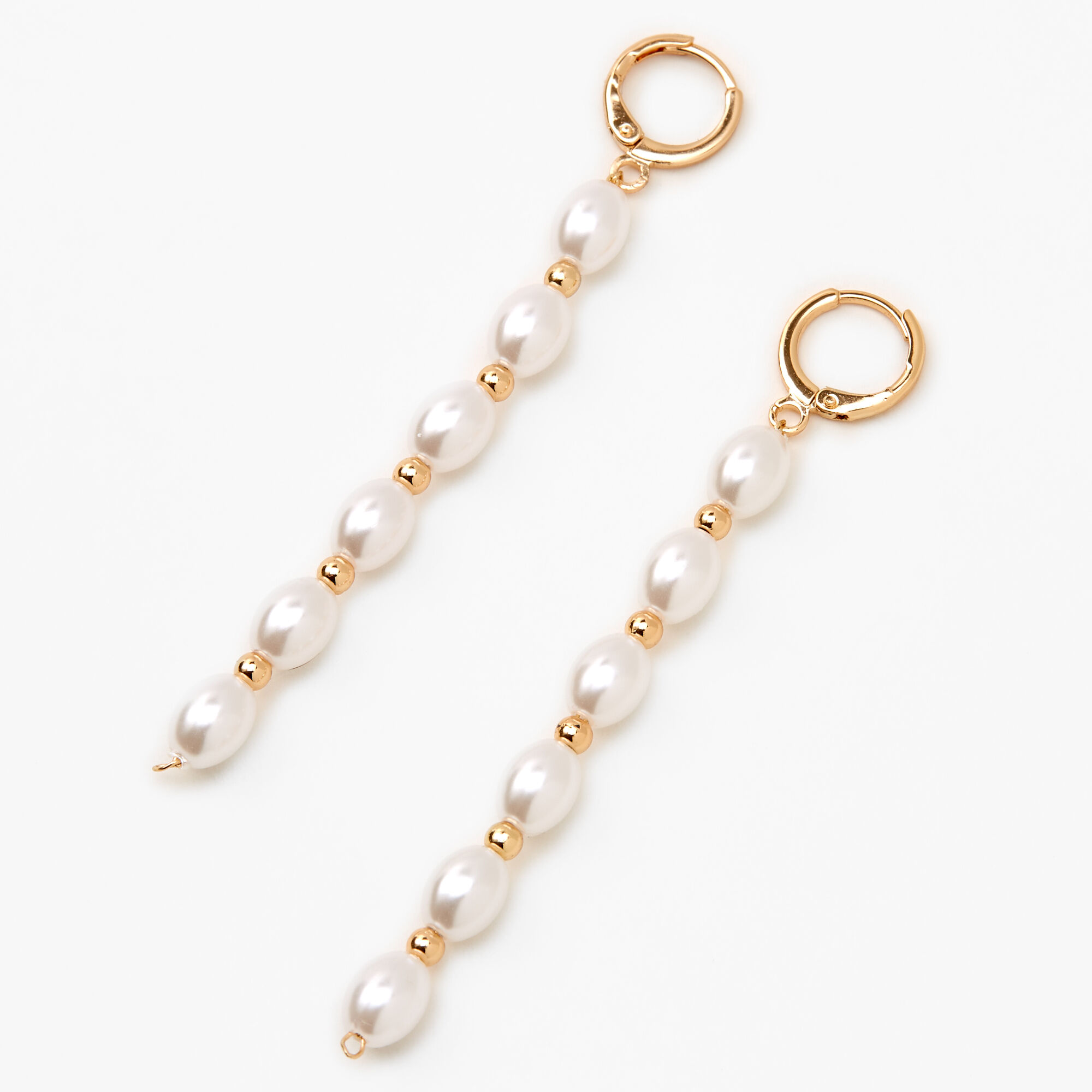 Gold 10MM Linear Pearl Huggie Hoop Earrings,