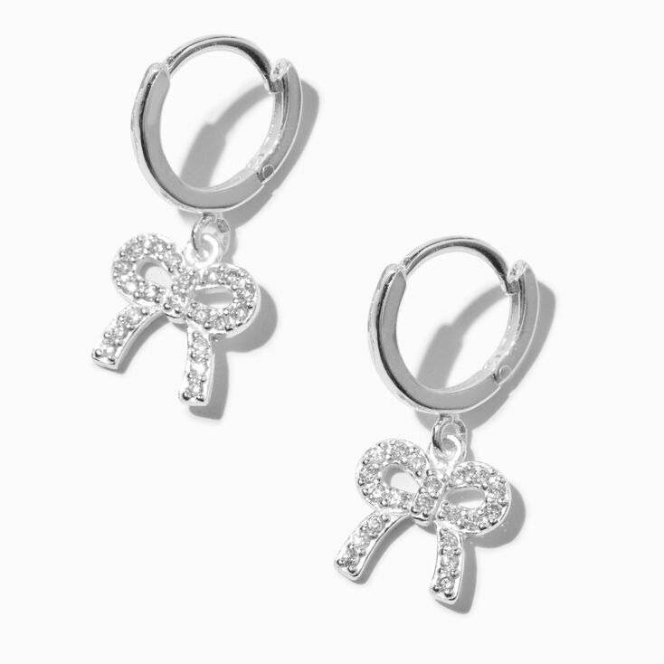 C LUXE by Claire&#39;s Sterling Silver Crystal Bow Dangling Hoop Earrings,