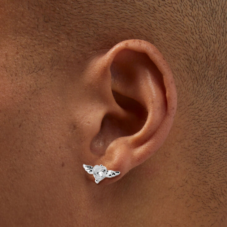Silver-tone Cubic Zirconia Winged Heart Stud Earrings
