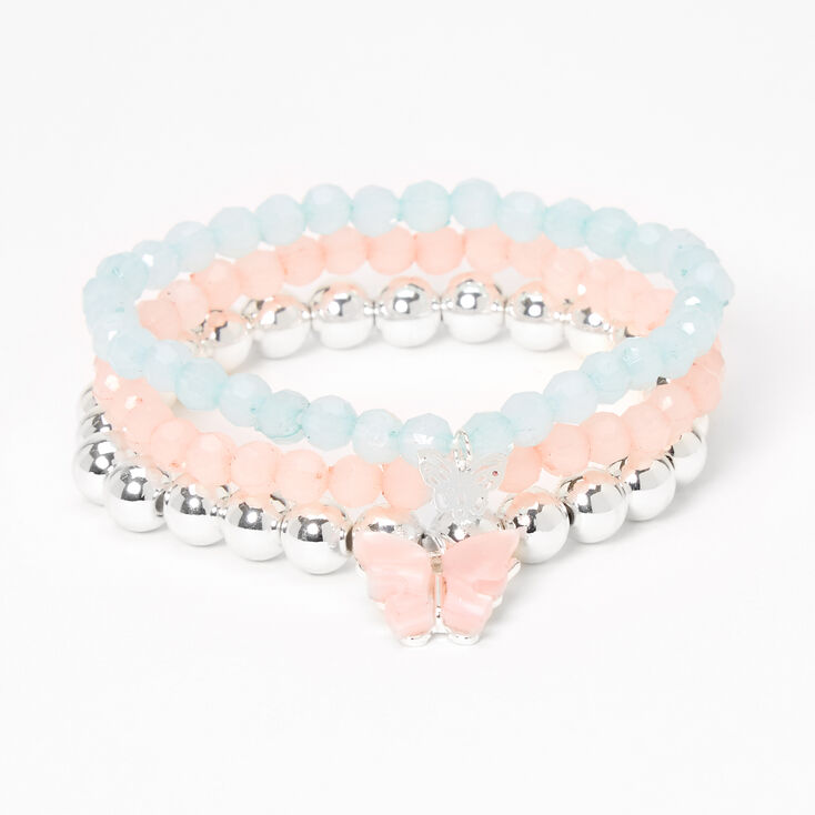 Bracelets &eacute;lastiques perl&eacute;s &agrave; breloques papillons pastel - Lot de 3,