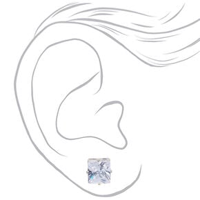 Silver Cubic Zirconia Square Stud Earrings - 8MM,