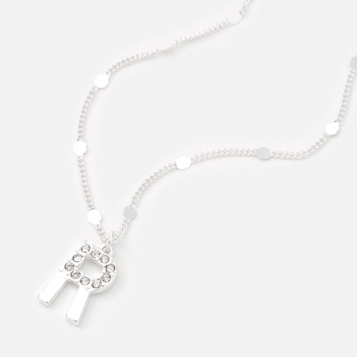 Silver Half Stone Initial Pendant Necklace - R,