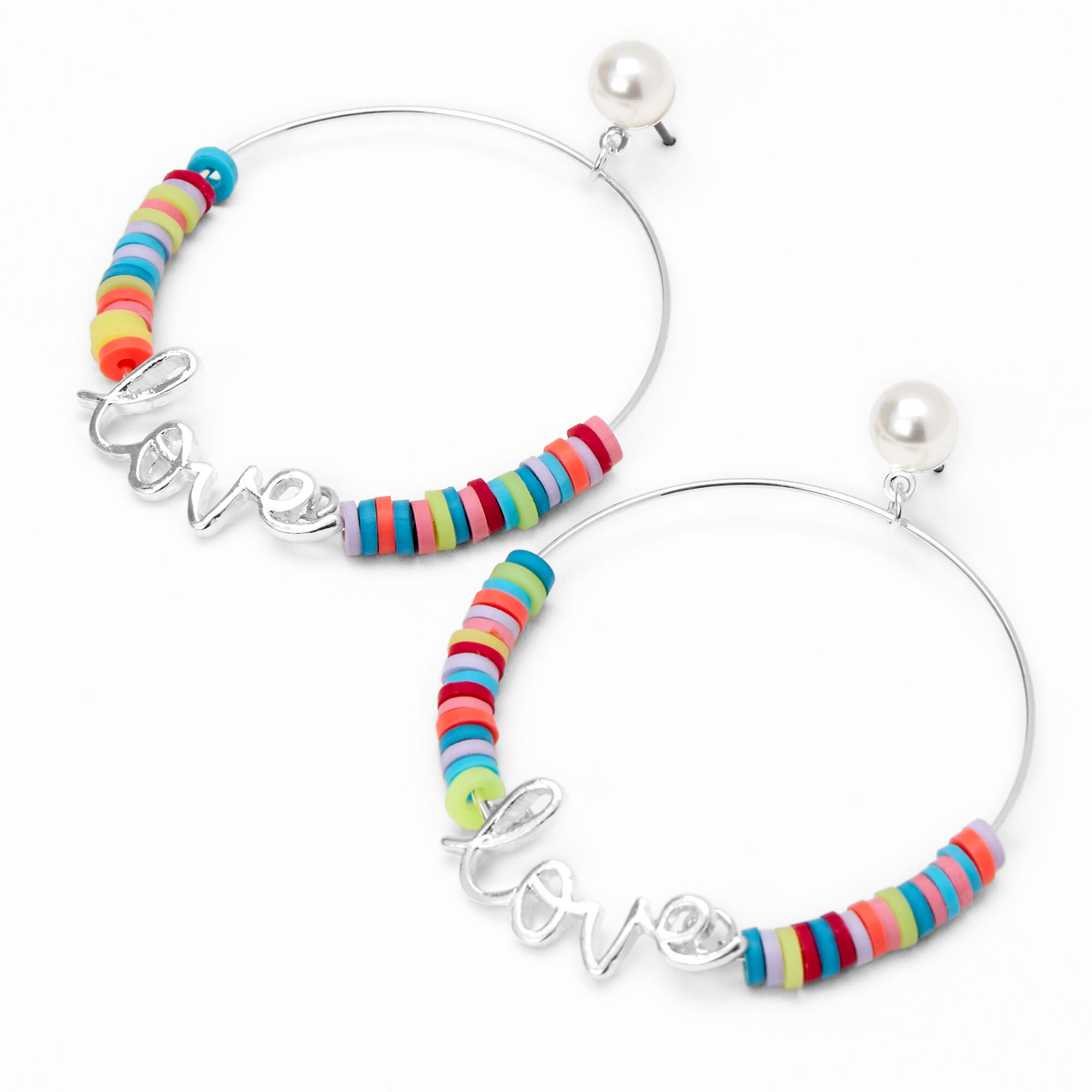 Claire's Créoles disques arc-en-ciel « Love » lettres cursives couleur argentée
