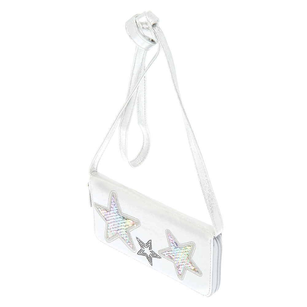 Portefeuille à bandoulière couleur argenté étoile arc-en-ciel avec sequins réversibles,