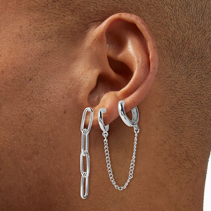 Silver-tone Paper Clip Chain Connector Earring Set - 3 Pack,