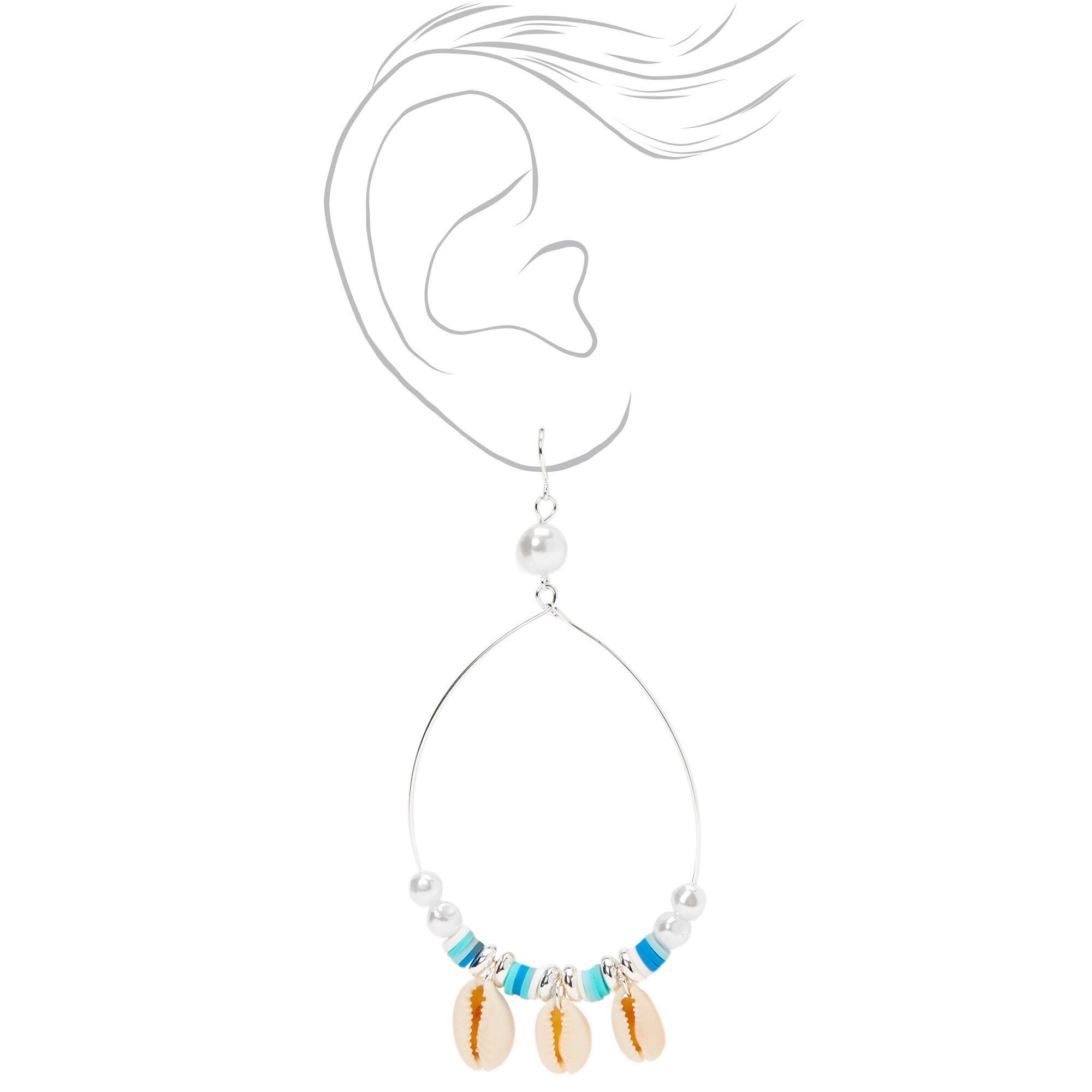 Silver 4" Cowrie Seashell & Disc Hoop Earrings - Blue,