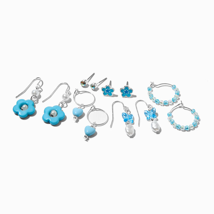 &#39;90s Blue Beaded Flower Earring Stackables Set - 6 Pack ,