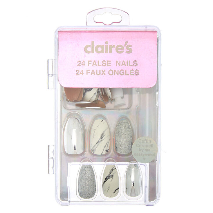 Mixed Marble Coffin Faux Nail Set - Silver, 24 Pack,