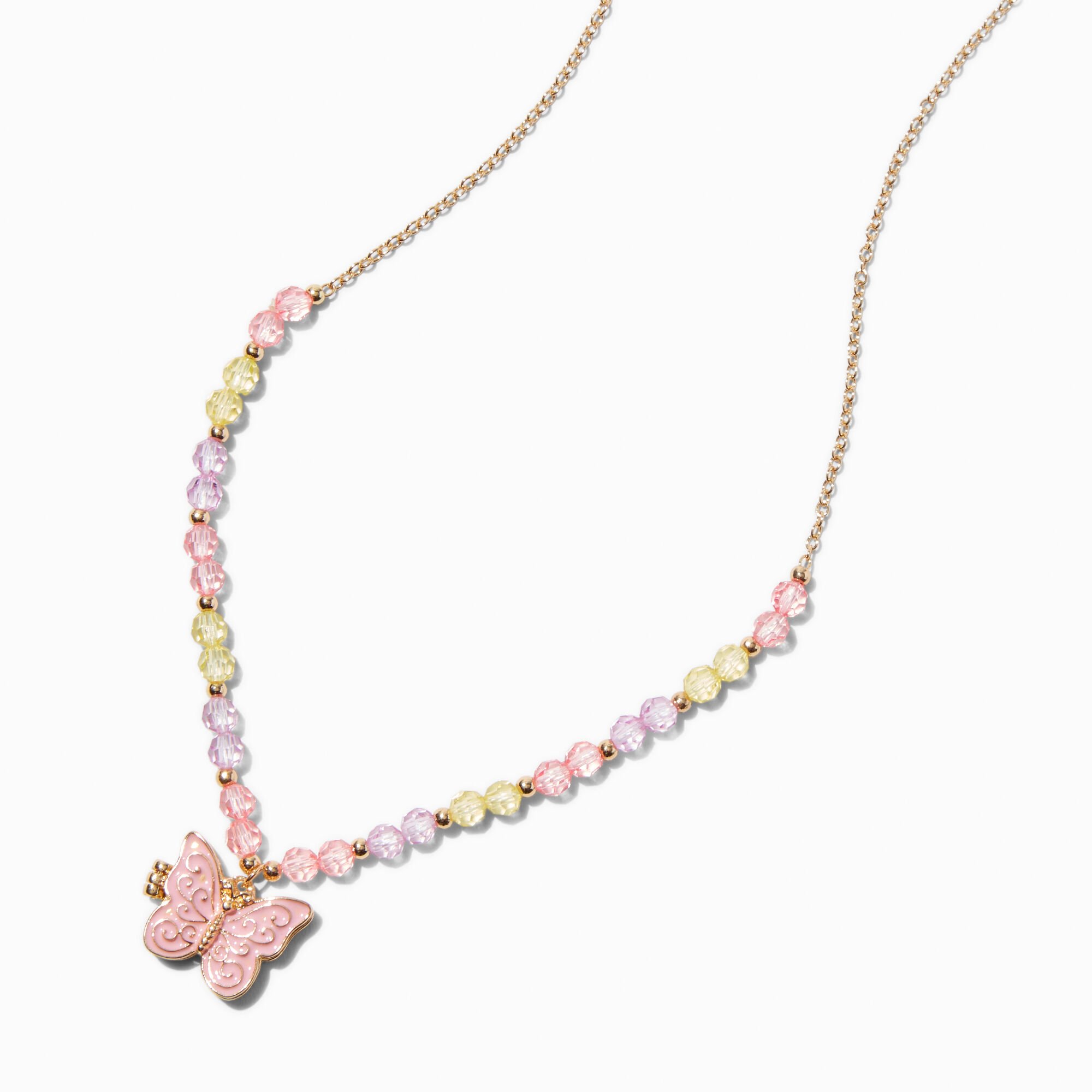 Pink Beaded Butterfly Locket Necklace,